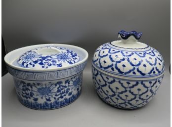 Blue & White Asian Ceramic Bowls With Lids - Lot Of 2