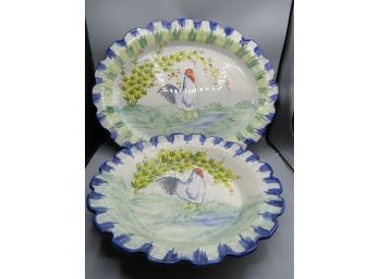 Hand Painted In Portugal For C.e. Corey-  Rooster Bowl & Platter - Lot Of 2