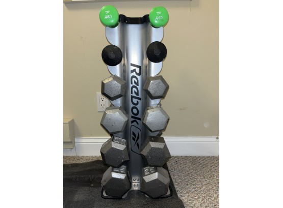 6 Piece Dumbbell Set With Reebok Dumbbell Rack