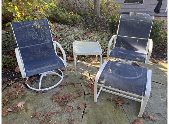 Pair Of Sling Back Aluminum Swivel Chairs With Foot Rest And Table 4 Piece Lot