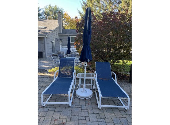 Pair Of Sling Back Aluminum Lounge Chairs With Table And Umbrella 4 Piece Lot