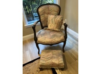 Custom Upholstered Arm Chair With Matching Foot Rest And Throw Pillow