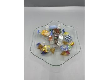 Blown Glass Candies, 8 Pieces, With Glass Candy Dish