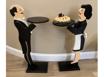 Custom Made Wooden Butler/ Waitress Server Statues - 2 Total