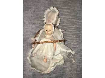 Vintage Plastic Dolls With Wicker Carriage