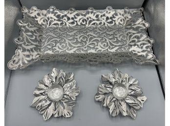 Decorative Metal Display Tray With 2 Matching Tea Light Holders - Made In Israel