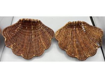 Rattan Shell Shaped Baskets - 2 Total