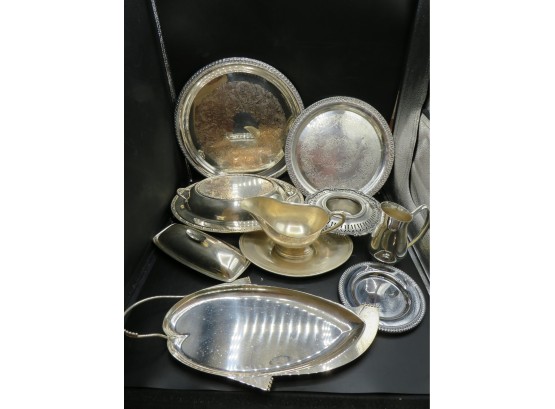 Silver Plated/chrome Plated/stainless:  Butter Dish, Creamer, Gravy Boat, Platter, Covered Dish - Lot Of 9