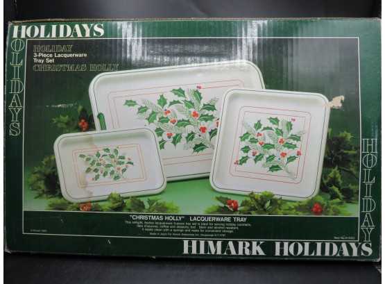 Himark Holidays Laquerware 'christmas Holly' 3 Piece Tray Set -  In Original Box