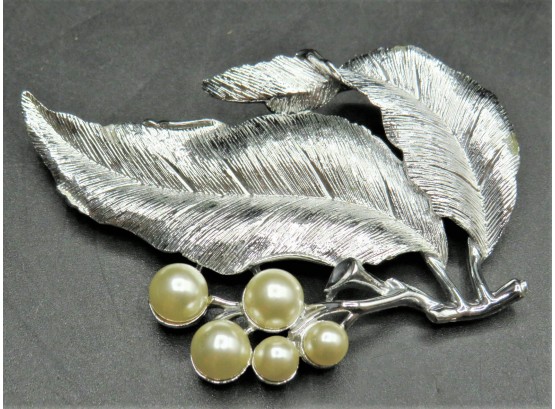 Vintage Sarah Coventry Silver-Tone Leaf Brooch With Faux Pearl Berries