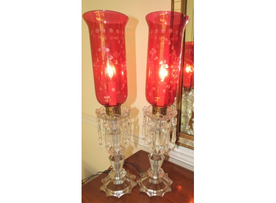 Antique Cranberry Glass Hurricane Electric Table Lamps  With Prisms - Set Of 2