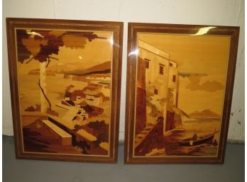 Italian Coat Rivera Vintage Wooden Inlaid Picture Marquetry -  Set Of 2