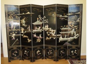 Chinese Ebony & Mother Of Pearl 6 Panel Folding Room Divider