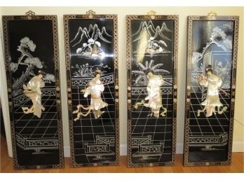 Chinese Ebony & Mother Of Pearl Hand-crafted Wall Plaques - Set Of 4