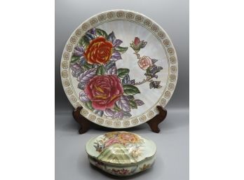 Tri Ever Hand-painted Porcelain Plate With Stand And Trinket Box With Lid - Lot Of 2