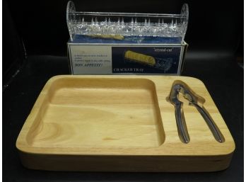 Wood Board With Nut Cracker & Crystal Cut Plastic Cracker Tray - Lot Of 2