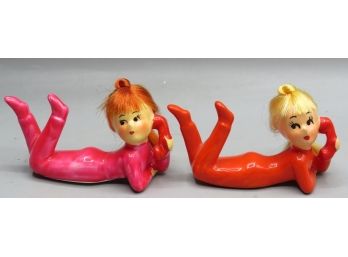 Ceramic Blonde & Redhead Girls On Phone Vintage Figurines - Set Of 2