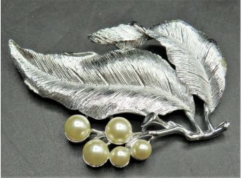 Vintage Sarah Coventry Silver-Tone Leaf Brooch With Faux Pearl Berries