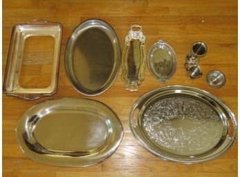 Stainless & Silver On Copper Trays, Bowls, Creamer - Assorted Lot Of 9