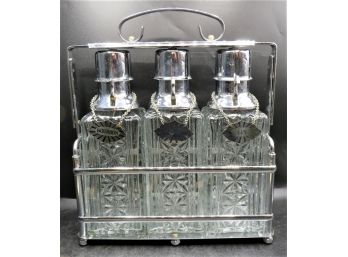 Glass Decanters,  Silverplated Bottle Signs In Metal Holder - Lot Of 3 Decanters
