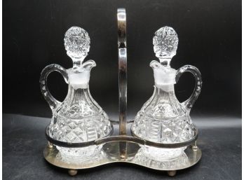 Glass Oil & Vinegar Jars With Stoppers With Metal Holder - Set Of 2