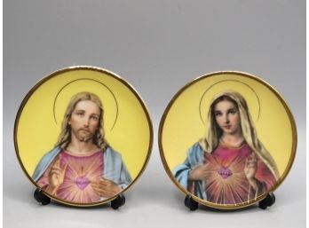 Jesus & Mary Small Plates With Plastic Stands - Set Of 2