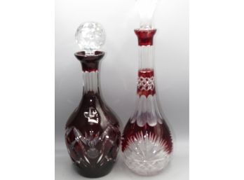 Cut Glass Clear/red Decanters With Stoppers - Lot Of 2