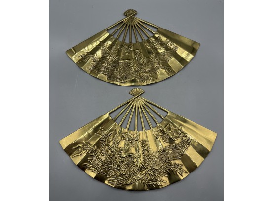 Brass Asian Inspired Hand Fan Style Wall Decor - 2 Total