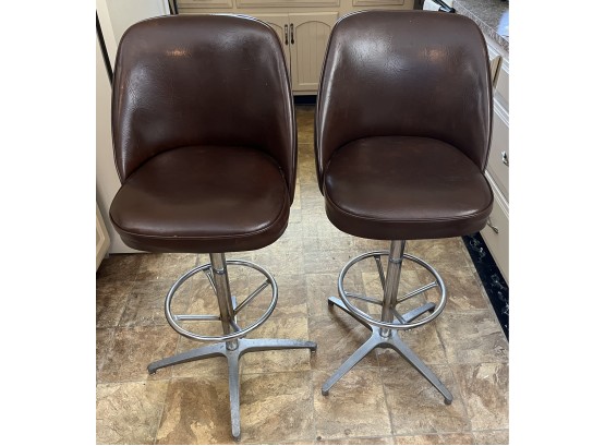 Vintage Leather Upholstered Metal Swivel Bar Stools With Foot Rest - 2 Total