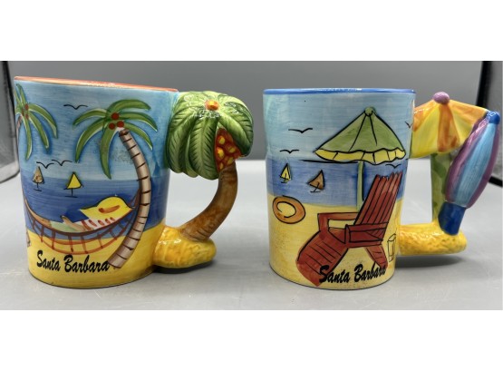 Santa Barbara Ceramic Beach Pattern Mugs - 2 Total