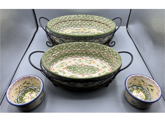 Temp-tations By Tara Ovenware Serving Bowl Set With Metal Wicker Carry Racks - 4 Pieces Total