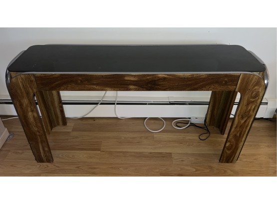 Chrome Trimmed 1980's Black Glass-top Console Table