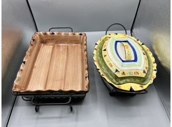 Temp-Tations By Tara Ovenware Serving Platter & Serving Bowl With Metal Wicker Rack Carriers - 2 Pieces Total