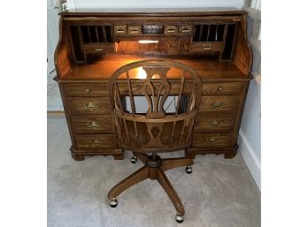 Pennsylvania House Roll-Top Desk Oak With Windsor Arm Hoop High Spindle Chair On Wheels Light Attached
