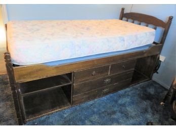 Vintage Wood Twin Platform Bed With 3 Storage Drawers Underneath