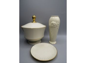 Lenox Porcelain Vase, Covered Bowl & Plate - Lot Of 3