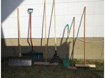 Garden Tools - Shovel, Rake, Snow Shovels, Brooms - Assorted Lot Of 7