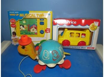 Vintage Toys - Fischer Price Turtle, Roll-a-round School Bus & Smart Kids Wind Up Musical TV - Lot Of 3