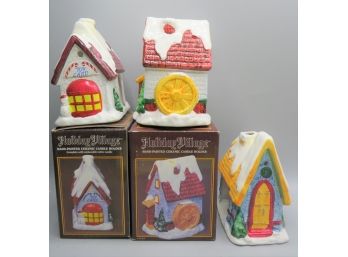 Holiday Village Hand Painted Ceramic Candle Holders - Lot Of 3 (2 With Original Boxes)