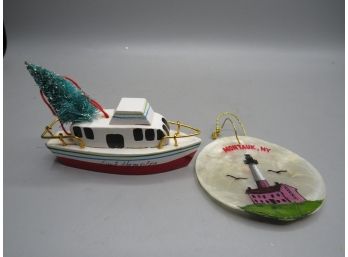 Montauk Silver Dollar Ornament & East Hampton Wood Boat Ornament - Lot Of 2