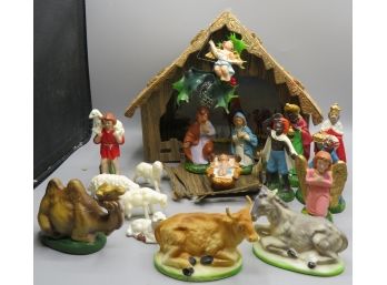 Nativity Set With Ceramic & Plastic Figurines - Lot Of 17 Figures
