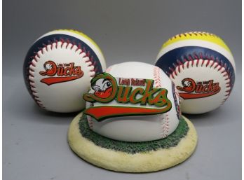 Long Island Ducks Resin Statue & 2 Baseballs - Lot Of 3