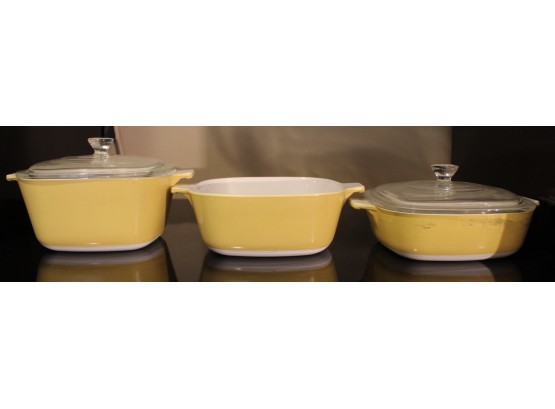 3 Piece Vintage Corning Ware Harvest Casserole Dish  Golden Yellow With Lids(526)