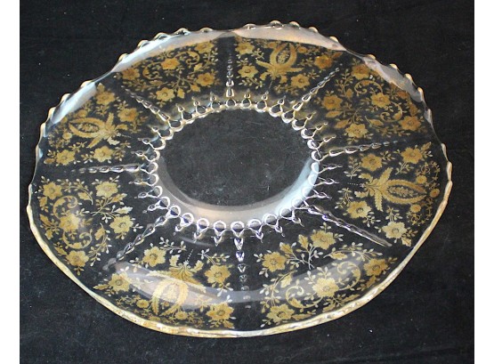 Vintage Gold Etched Floral Design Glass Platter (531)