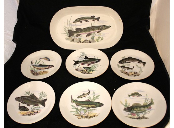 Ba Aria, Germany Porcelain Fish Set Of 6 With 1 Serving Platter (112)