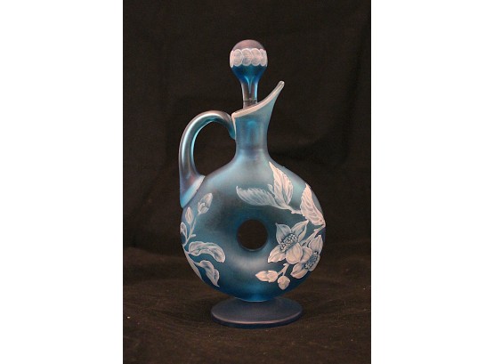 Beautiful Blue Frosted Hand Painted Glass Decanter (193)