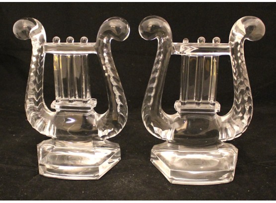 Whimsical Pair Of Vintage FOSTORIA Elegant Glass LYRE, HARP Musical BOOKENDS (117)