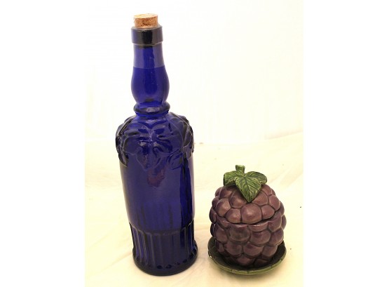 Cobalt Wine Bottle With Ceramic Grape Jar (190)
