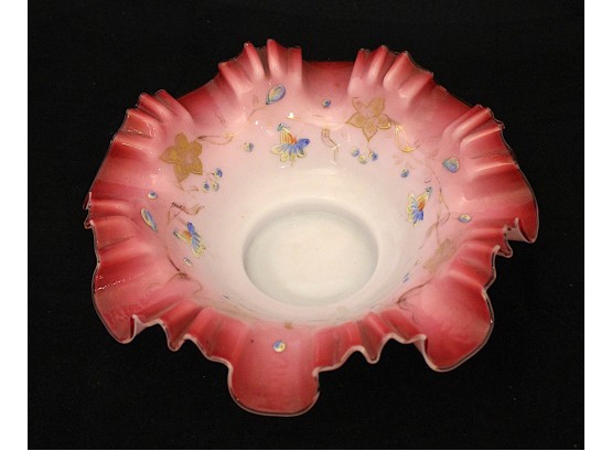 Fenton Beautifully Painted Cranberry Pink Ribbon Pattern Bowl (182)