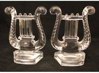 Whimsical Pair Of Vintage FOSTORIA Elegant Glass LYRE, HARP Musical BOOKENDS (117)